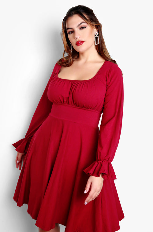 Red Plus Size Puff Long Sleeve Skater Mini Dress