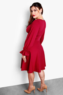 Red Plus Size Puff Long Sleeve Skater Mini Dress