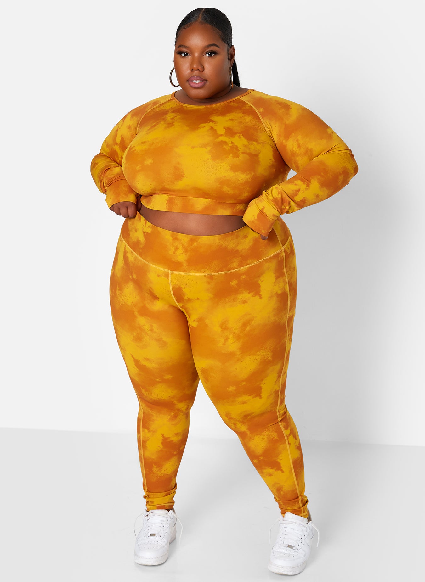 Mustard Yellow No Pressure Tie Dye Long Sleeve Sports Crop Top Plus Sizes