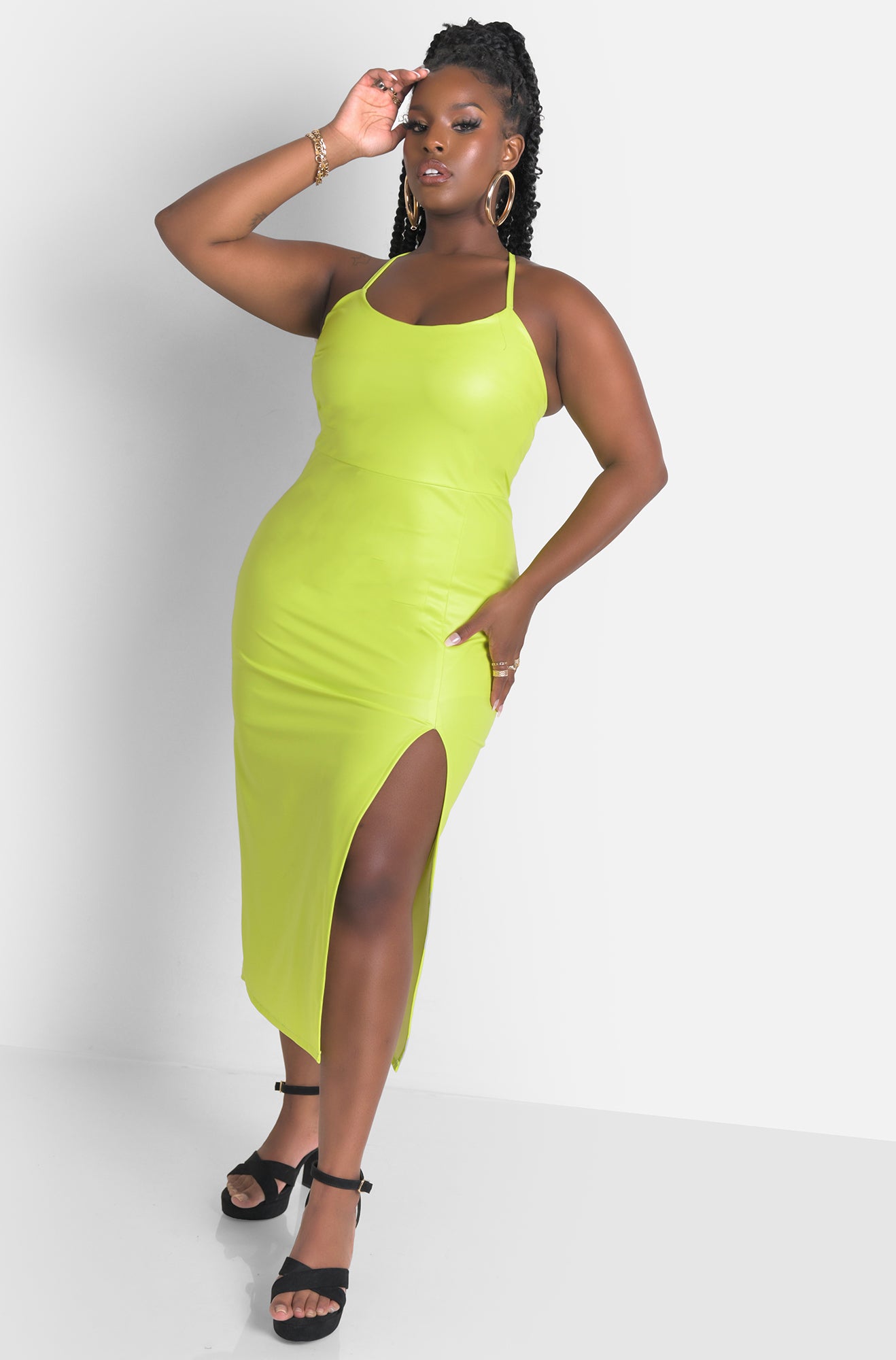 Green Sleeveless Thigh Slit Vegan Leather Midi Dress Plus Sizes