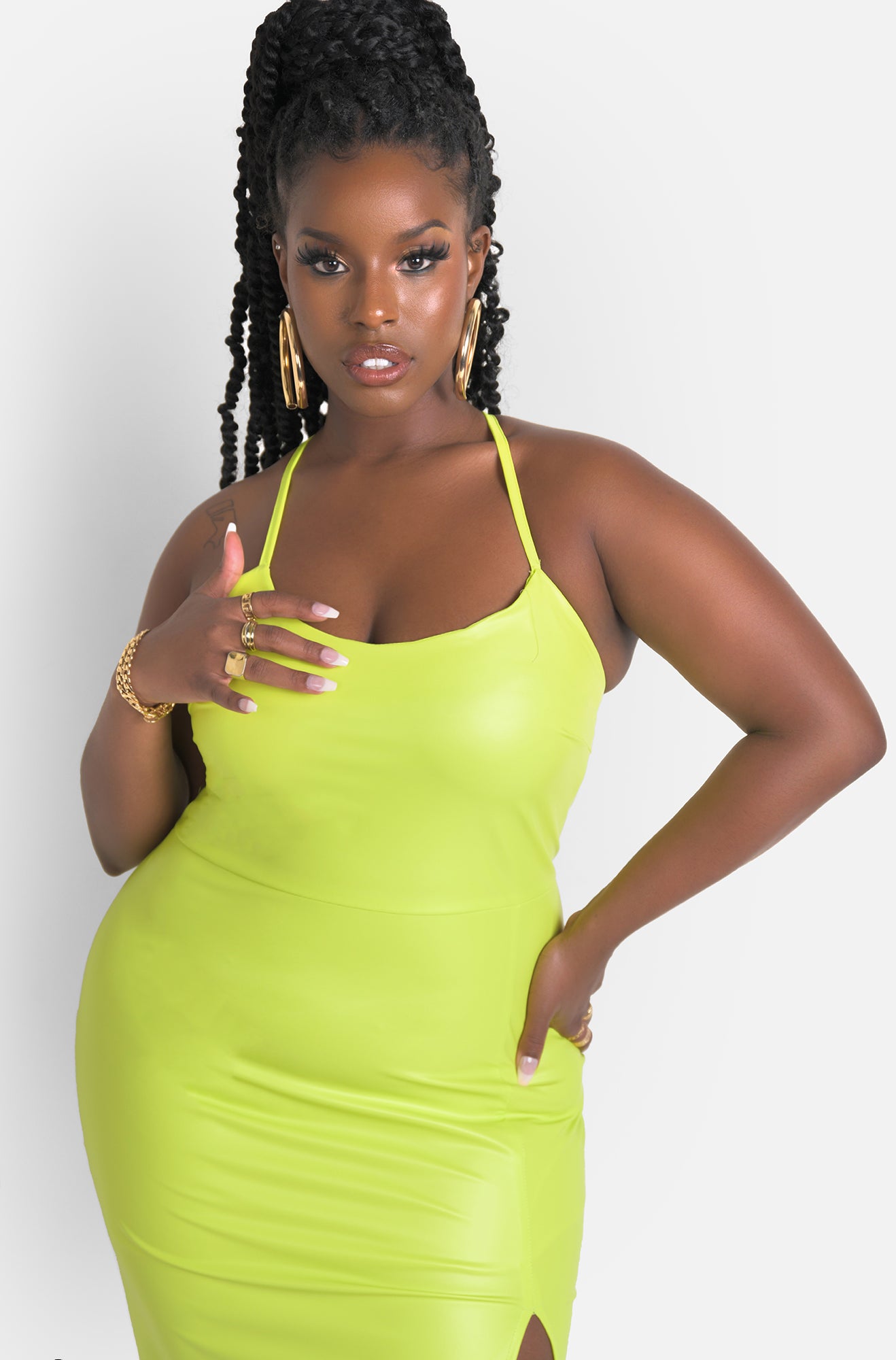 Green Sleeveless Thigh Slit Vegan Leather Midi Dress Plus Sizes