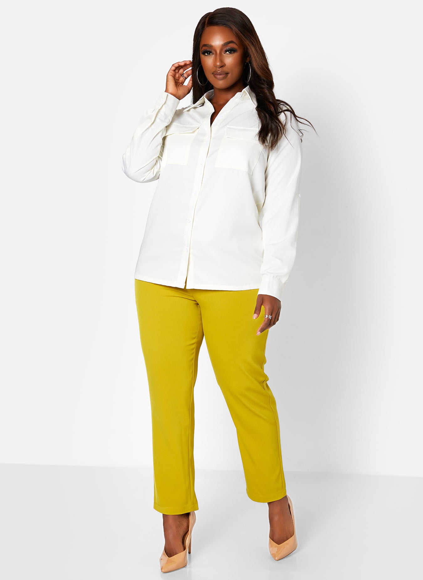 White On & Off Linen Button Down Blouse Plus Sizes