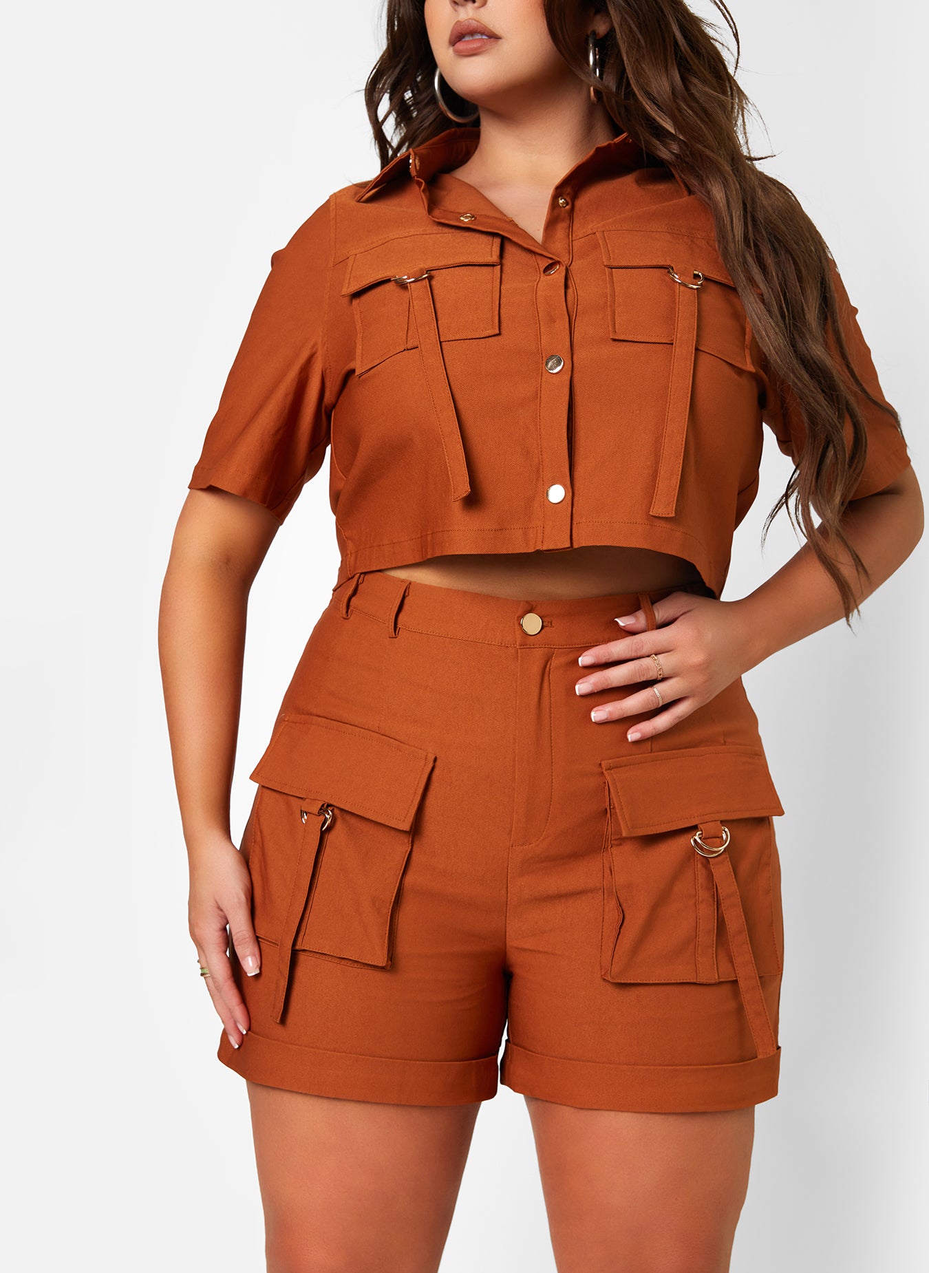 Brown On The Go Short Sleeve Button Up Crop Top Plus Sizes