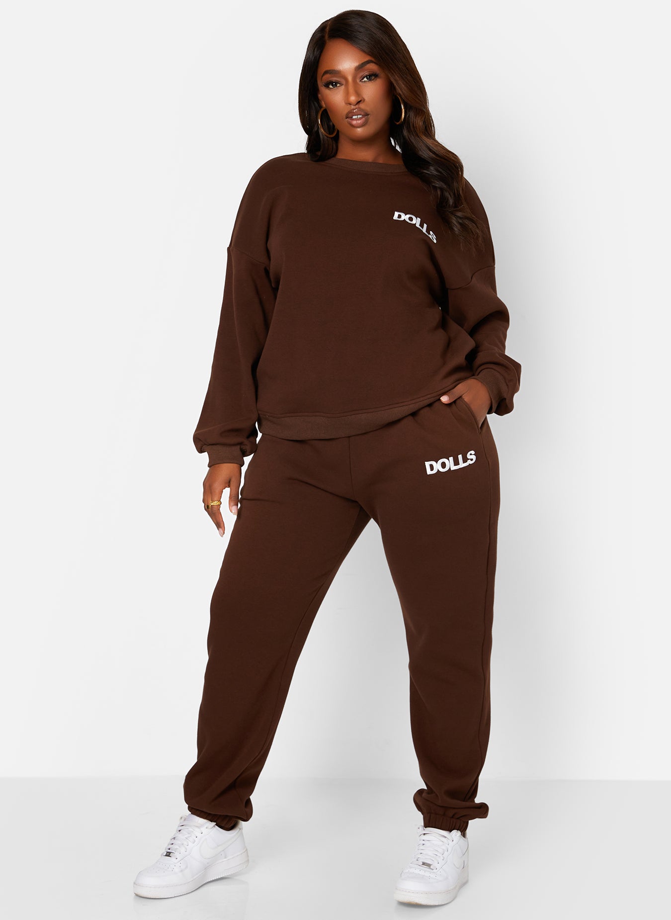 Brown On The Run Embroidered Drawstring Jogger Sweatpants W. Pockets Plus Sizes