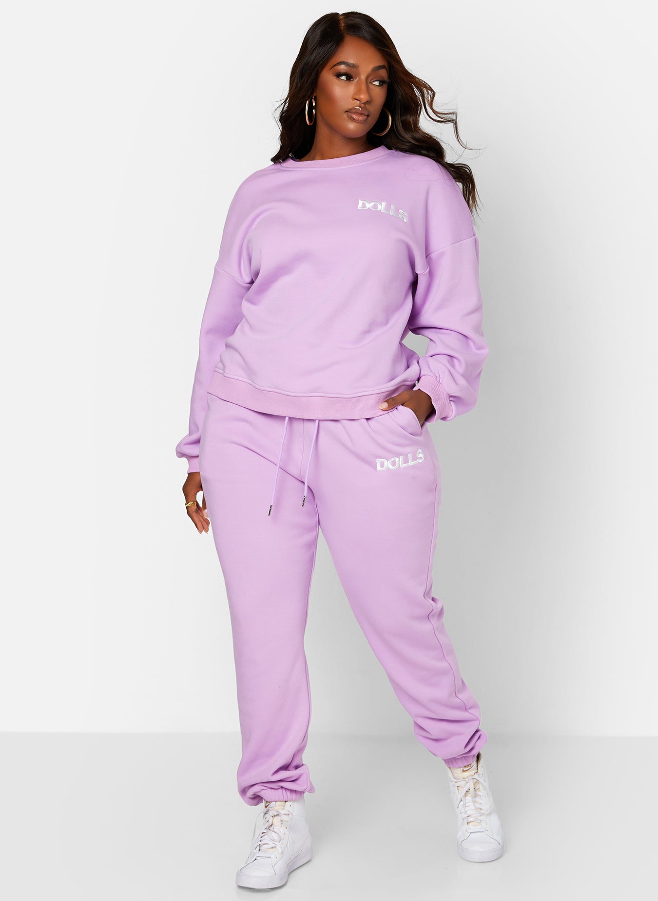 Lilac On The Run Embroidered Drawstring Jogger Sweatpants W. Pockets Plus Sizes