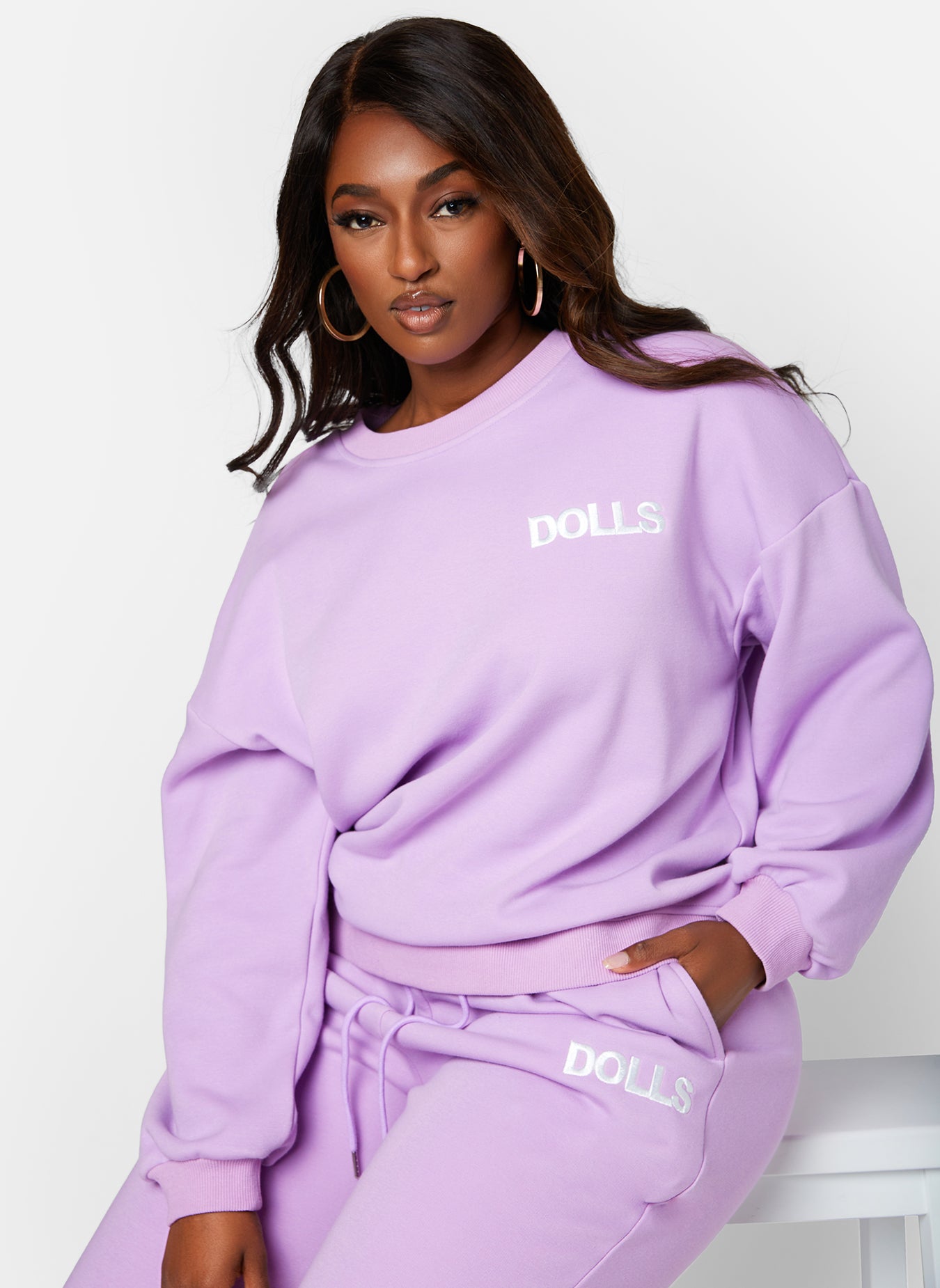 Lilac On The Run Embroidered Crew Neck Sweatshirt Plus Sizes