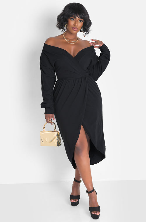 Black Over The Shoulder High Slit Maxi Dress