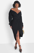 Black Over The Shoulder High Slit Maxi Dress
