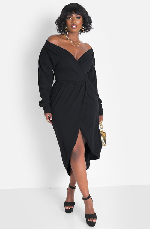 Black Over The Shoulder High Slit Maxi Dress