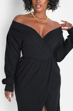 Black Over The Shoulder High Slit Maxi Dress