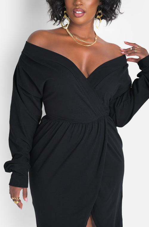 Black Over The Shoulder High Slit Maxi Dress