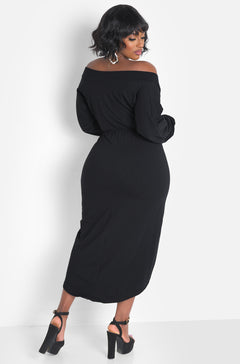 Black Over The Shoulder High Slit Maxi Dress