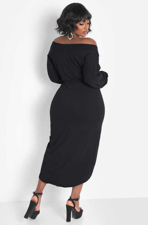 Black Over The Shoulder High Slit Maxi Dress