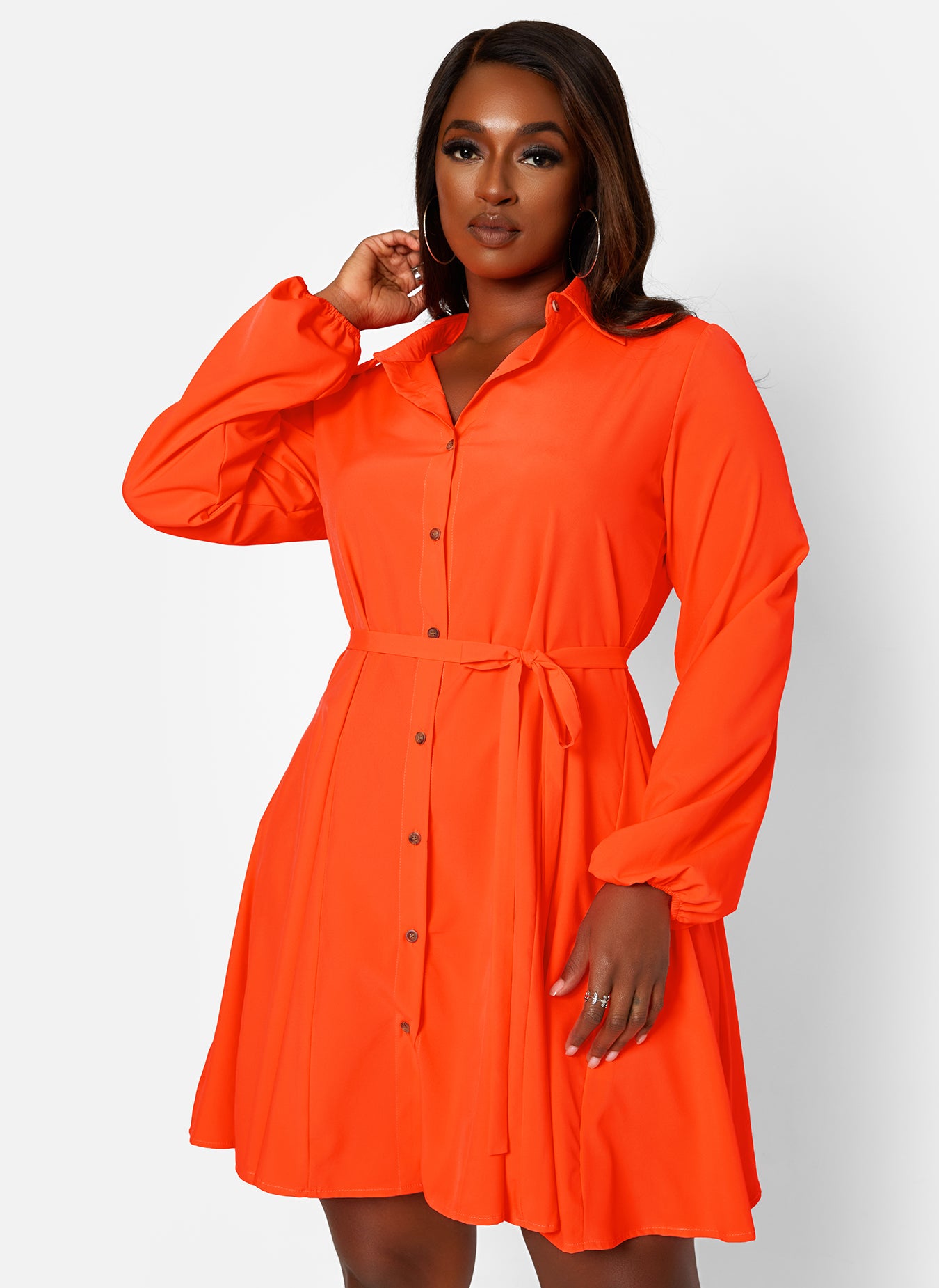 Orange Optimistic Button Front Tie Waist Mini Skater Dress Plus Sizes