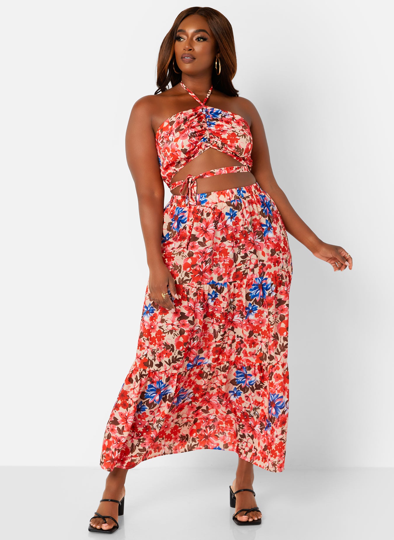 Pink Park Date Floral Print Tiered Maxi A Line Skirt Plus Sizes