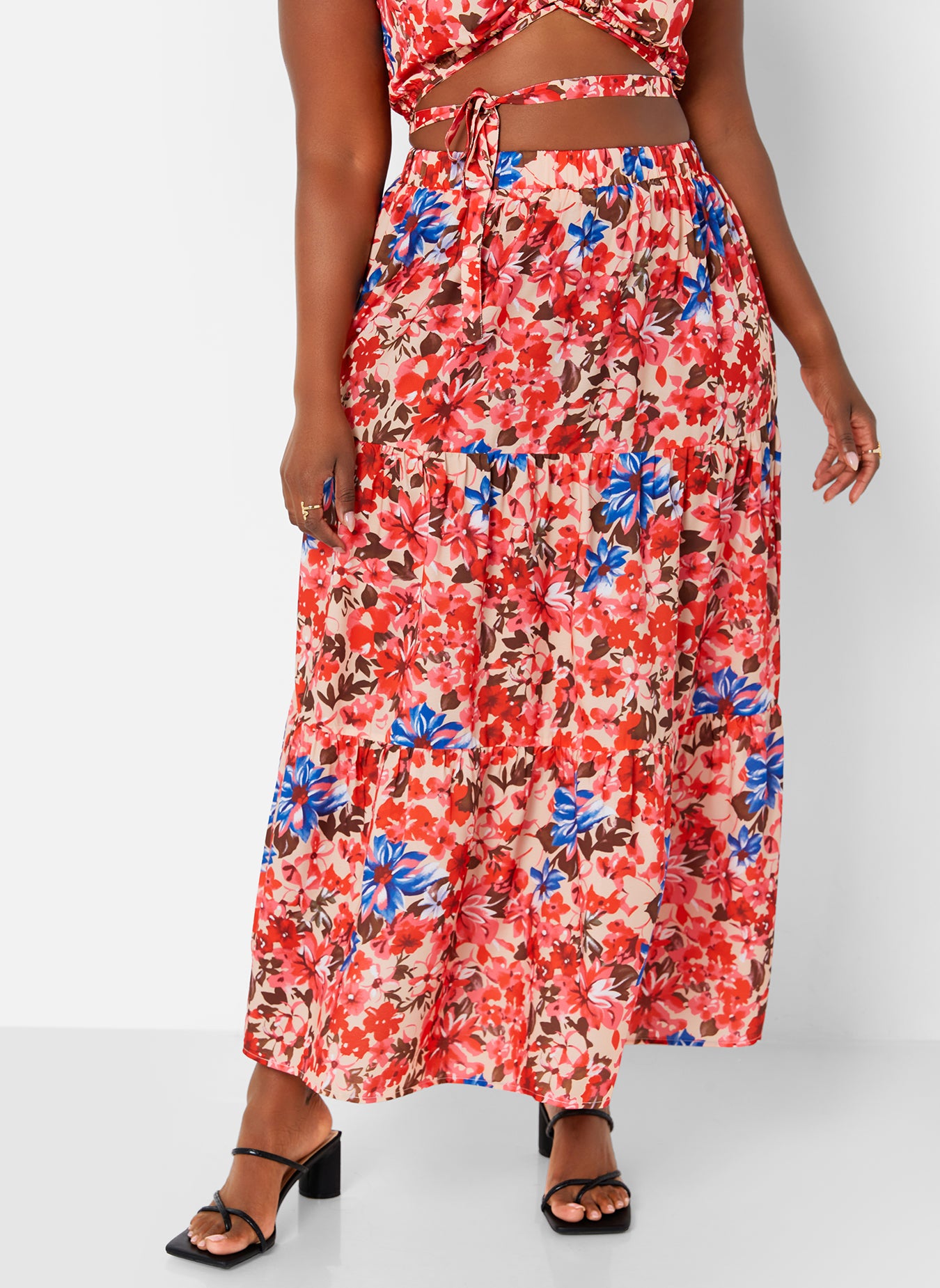 Pink Park Date Floral Print Tiered Maxi A Line Skirt Plus Sizes