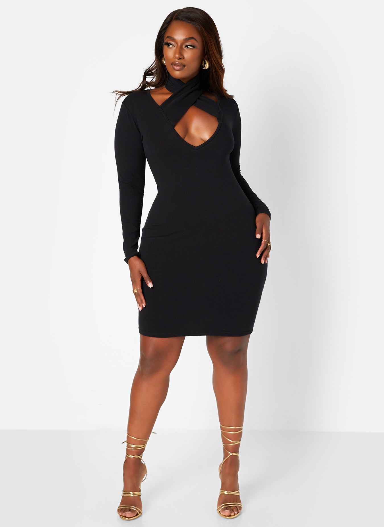 Black Party Vibes Caged Long Sleeve Bodycon Mini Dress Plus Sizes