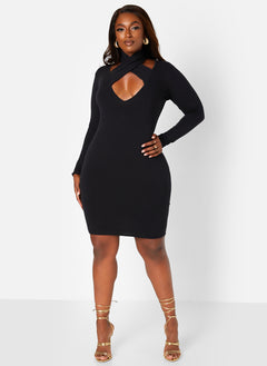 Black Party Vibes Caged Long Sleeve Bodycon Mini Dress Plus Sizes