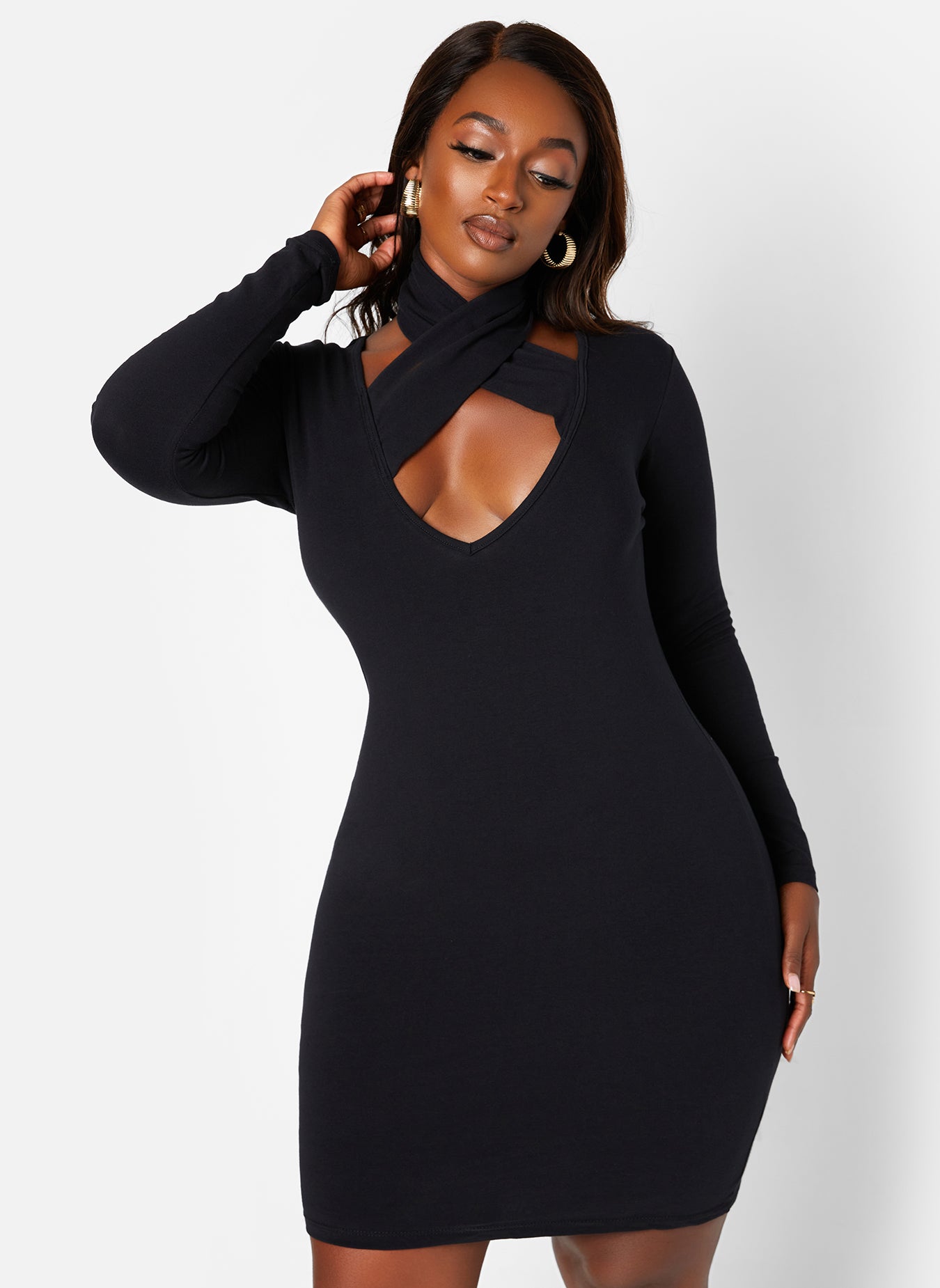 Black Party Vibes Caged Long Sleeve Bodycon Mini Dress Plus Sizes