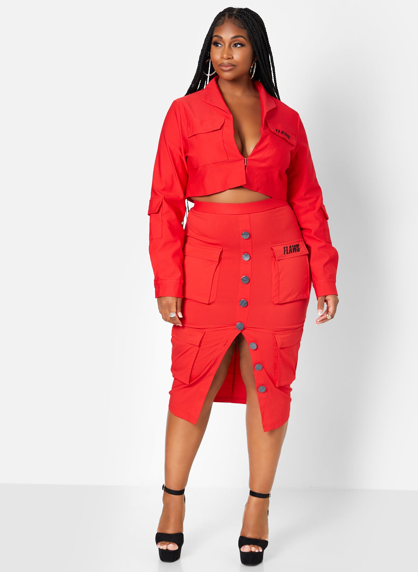 Flaws X REBDOLLS Play Date Cropped Cargo Jacket - Red