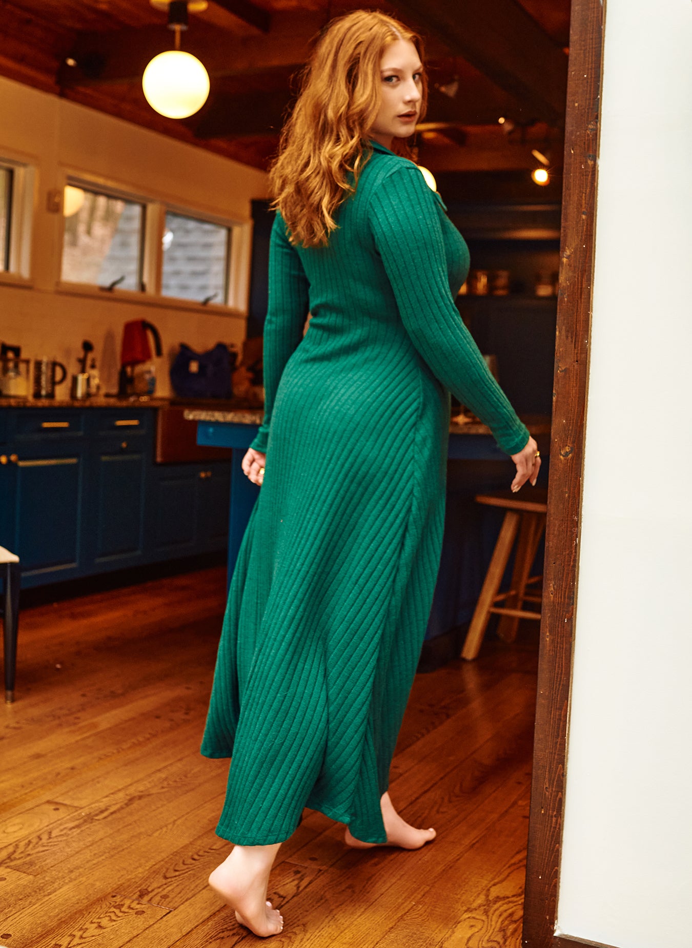 Green Poppy Ribbed Collared Maxi Dress Plus Sizes