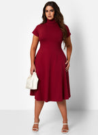 Burgundy Queen Bae Turtleneck Skater Midi Dress Plus Sizes