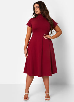 Burgundy Queen Bae Turtleneck Skater Midi Dress Plus Sizes