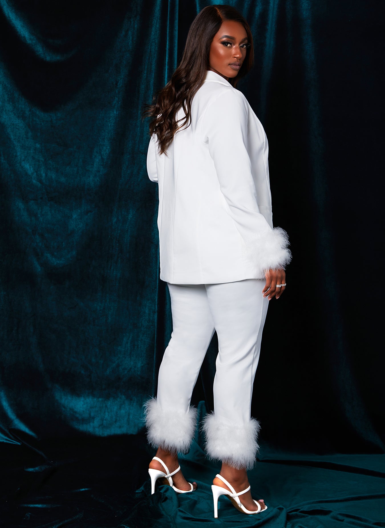 White Radiant Cropped Feathered Ankle Pants Plus Sizes