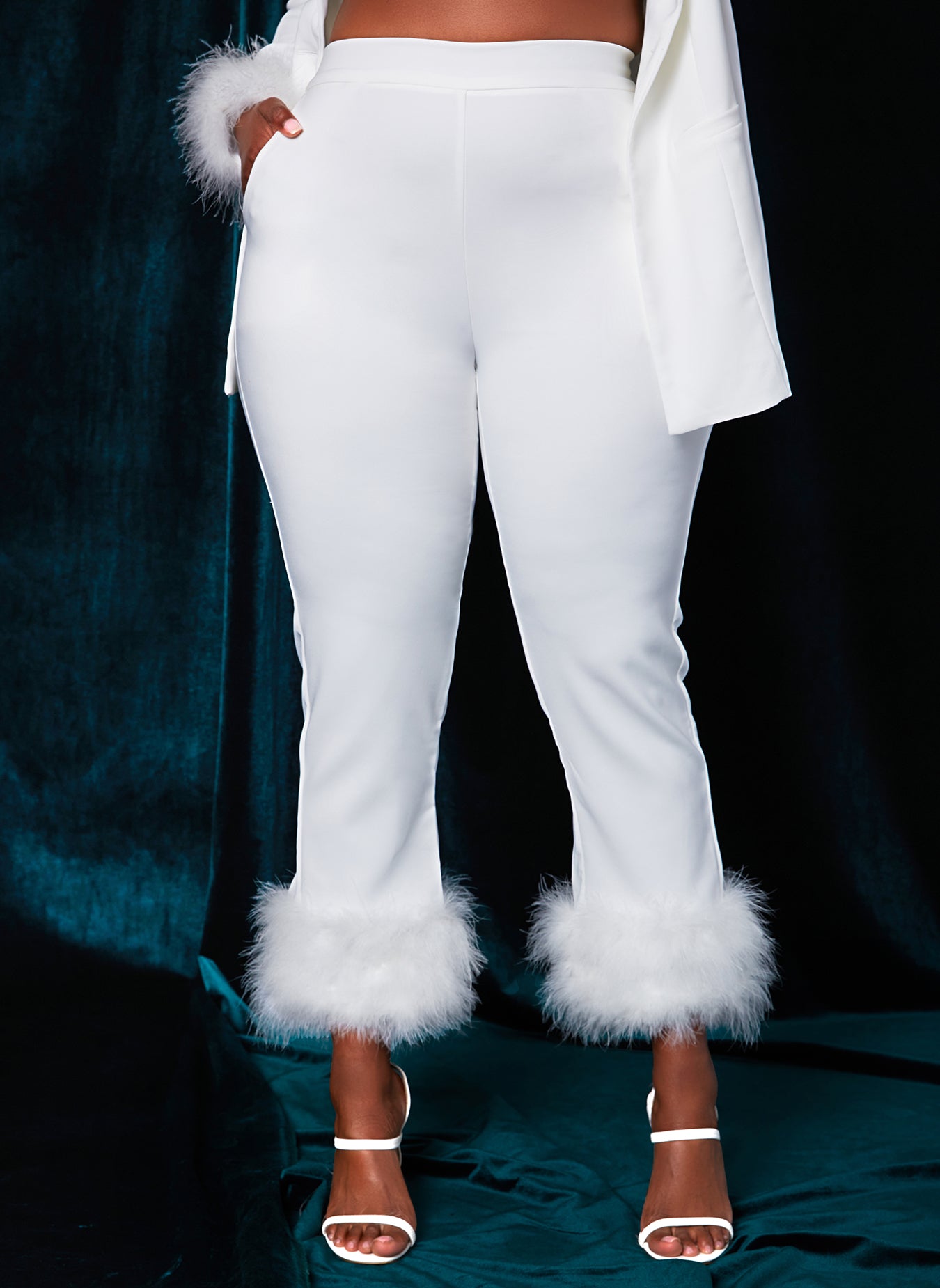 White Radiant Cropped Feathered Ankle Pants Plus Sizes
