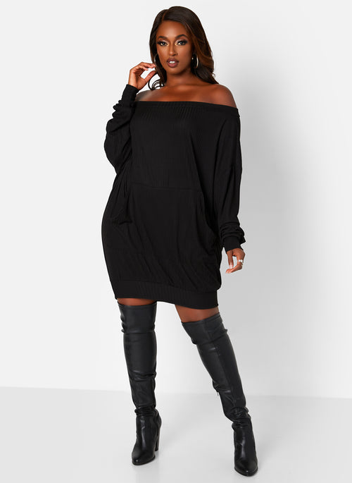 Rainy Day Ribbed Off Shoulder Oversized Shirt Dress W. Front Pocket