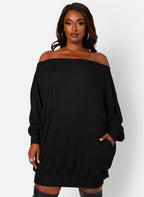 Rainy Day Ribbed Off Shoulder Oversized Shirt Dress W. Front Pocket