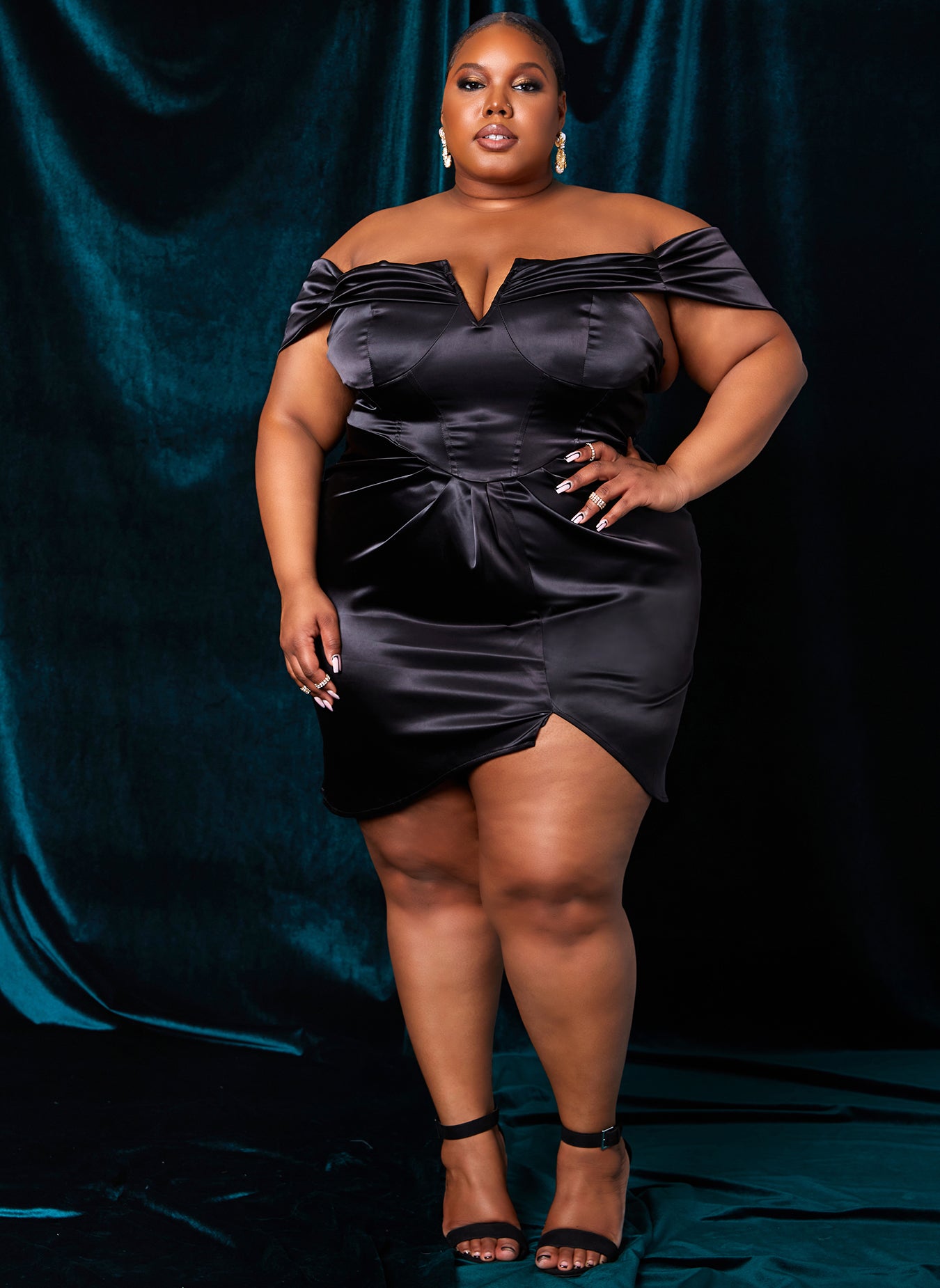 Black Raquel Satin Off Shoulder Deep V Draped Mini Bodycon Dress Plus Sizes