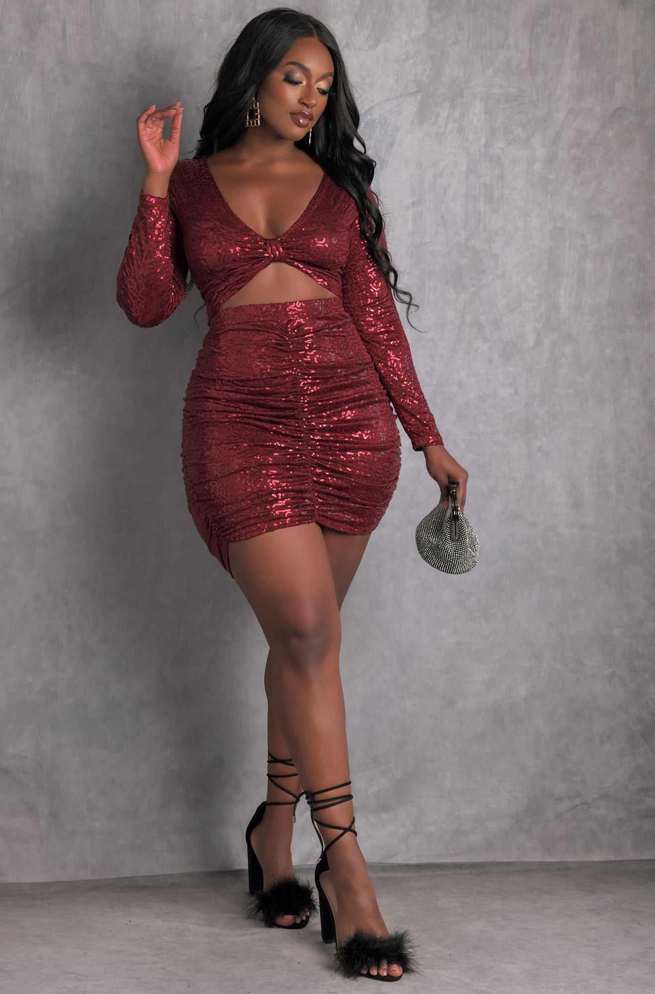 Burgundy Plus Sizes Rebdolls "Rave It Up" Sequin Over The Shoulder Long Sleeve Crop Top 