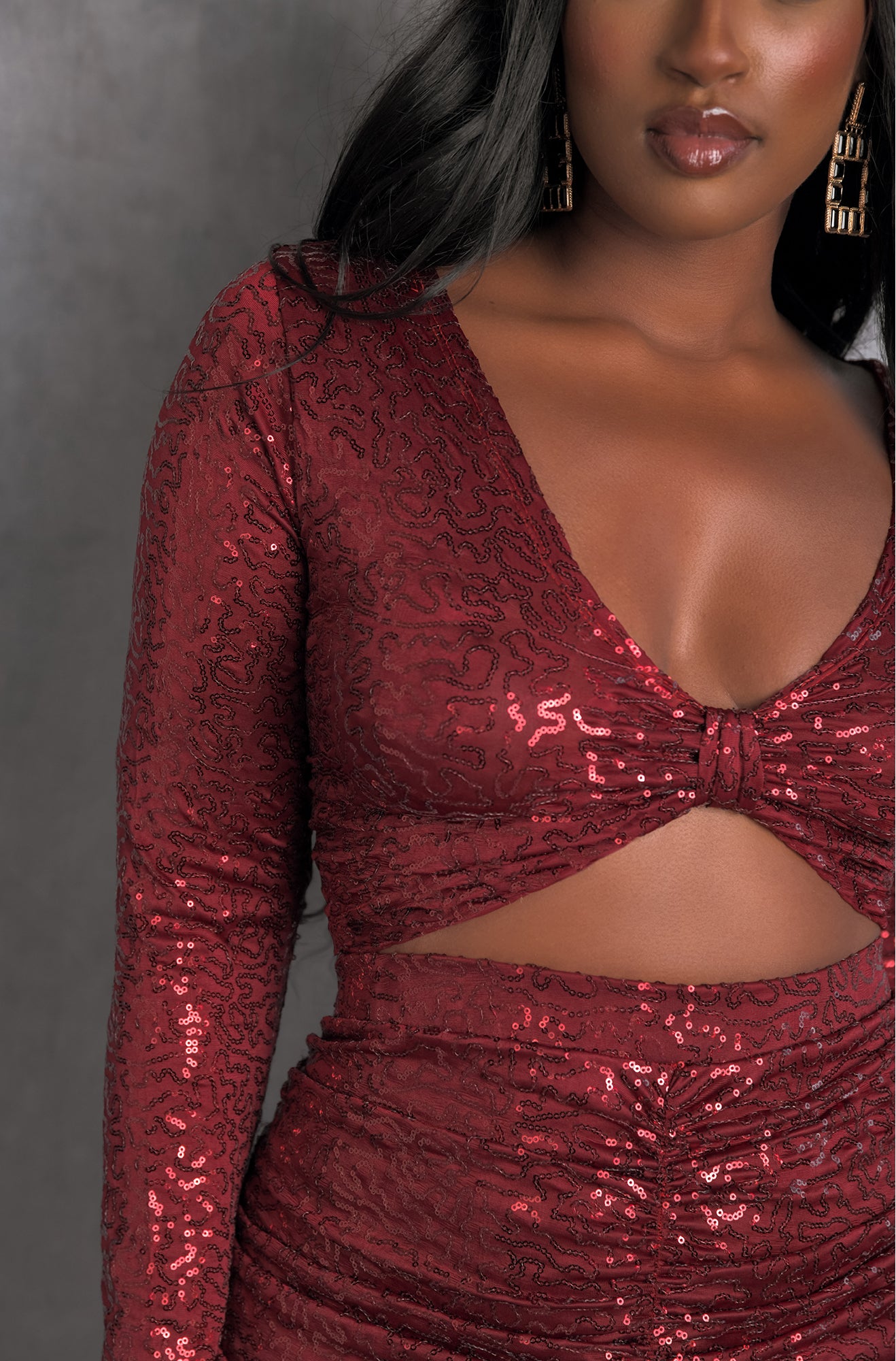 Burgundy Plus Sizes Rebdolls "Rave It Up" Sequin Over The Shoulder Long Sleeve Crop Top 