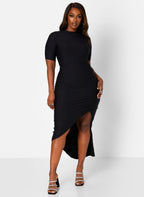 Reflection Short Sleeve Ruched Side Slit Midi Bodycon Dress