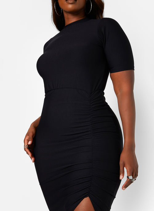 Reflection Short Sleeve Ruched Side Slit Midi Bodycon Dress
