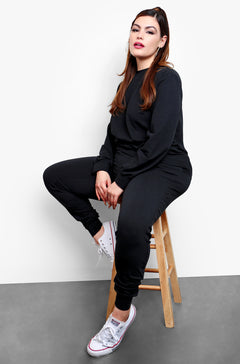 Black  Long Sleeve Crew Neck Top & High Waisted Joggers Set Plus Sizes