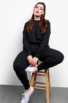 Black  Long Sleeve Crew Neck Top & High Waisted Joggers Set Plus Sizes