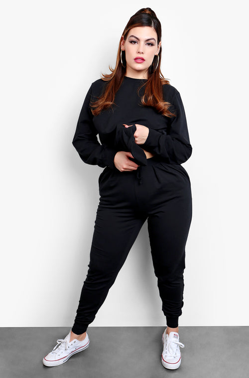 Black  Long Sleeve Crew Neck Top & High Waisted Joggers Set Plus Sizes