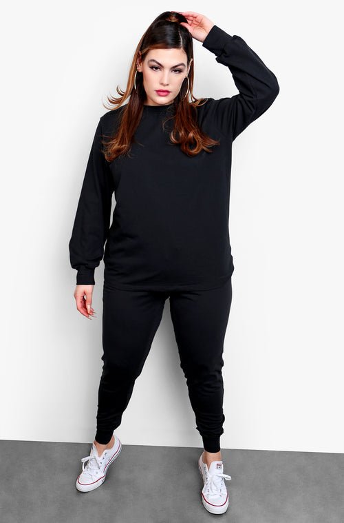 Black  Long Sleeve Crew Neck Top & High Waisted Joggers Set Plus Sizes