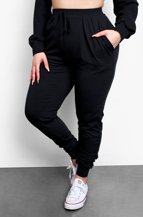Black  Long Sleeve Crew Neck Top & High Waisted Joggers Set Plus Sizes