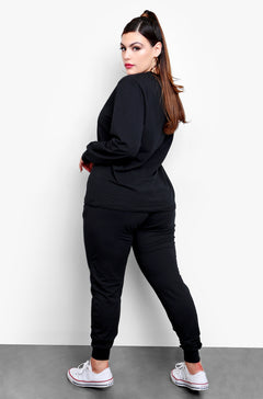 Black  Long Sleeve Crew Neck Top & High Waisted Joggers Set Plus Sizes
