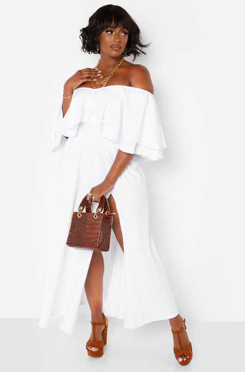 White Ruffle Over The Shoulder Side Slit Skater Maxi Dress Sizes