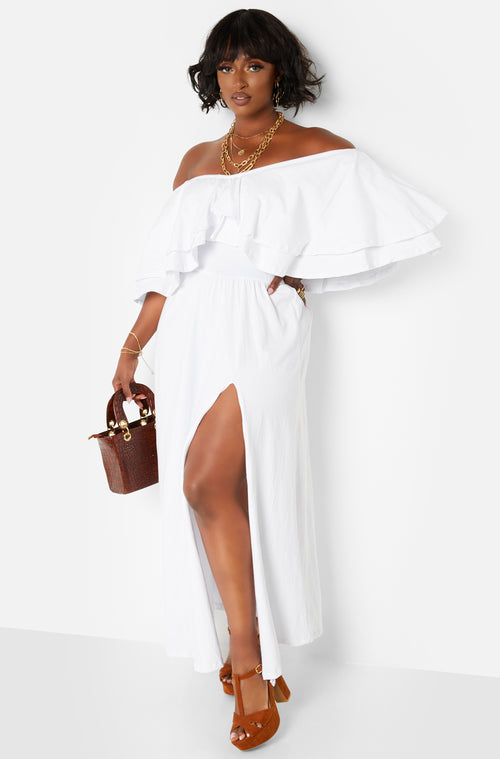 White Ruffle Over The Shoulder Side Slit Skater Maxi Dress Sizes