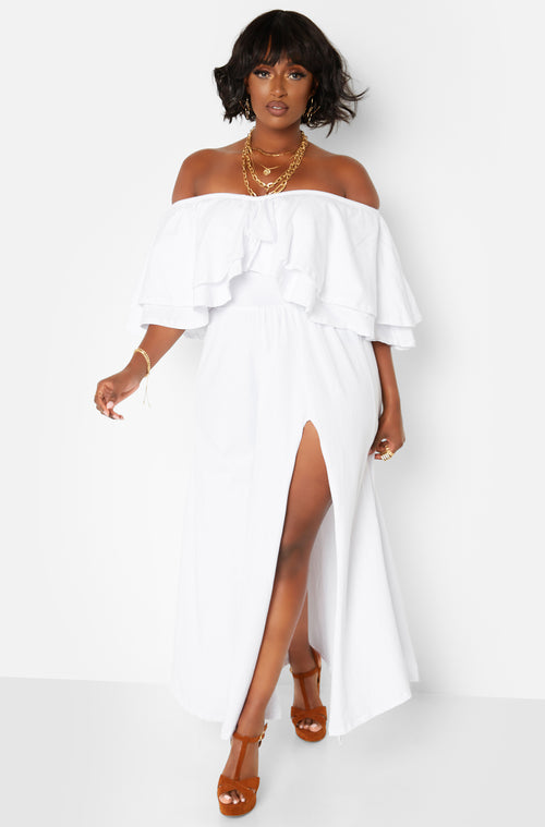 White Ruffle Over The Shoulder Side Slit Skater Maxi Dress Sizes