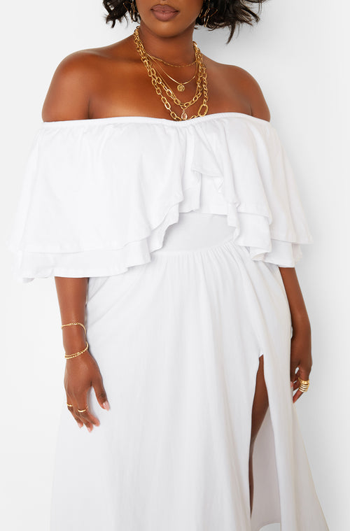 White Ruffle Over The Shoulder Side Slit Skater Maxi Dress Sizes