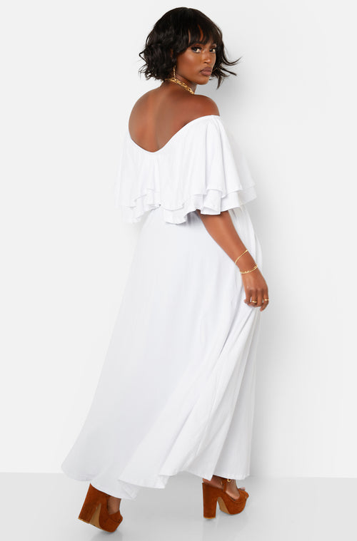 White Ruffle Over The Shoulder Side Slit Skater Maxi Dress Sizes