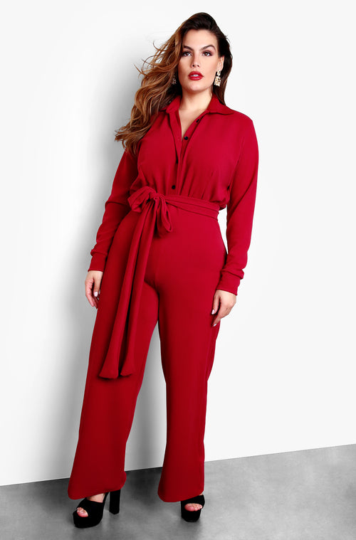 Burgundy Button Up Wide Leg Jumpsuit Plus Sizes