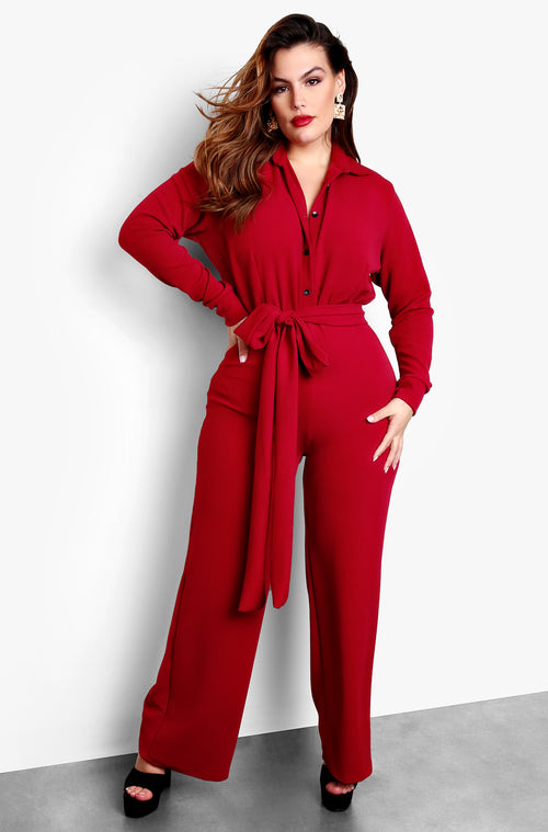Burgundy Button Up Wide Leg Jumpsuit Plus Sizes