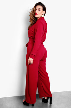 Burgundy Button Up Wide Leg Jumpsuit Plus Sizes